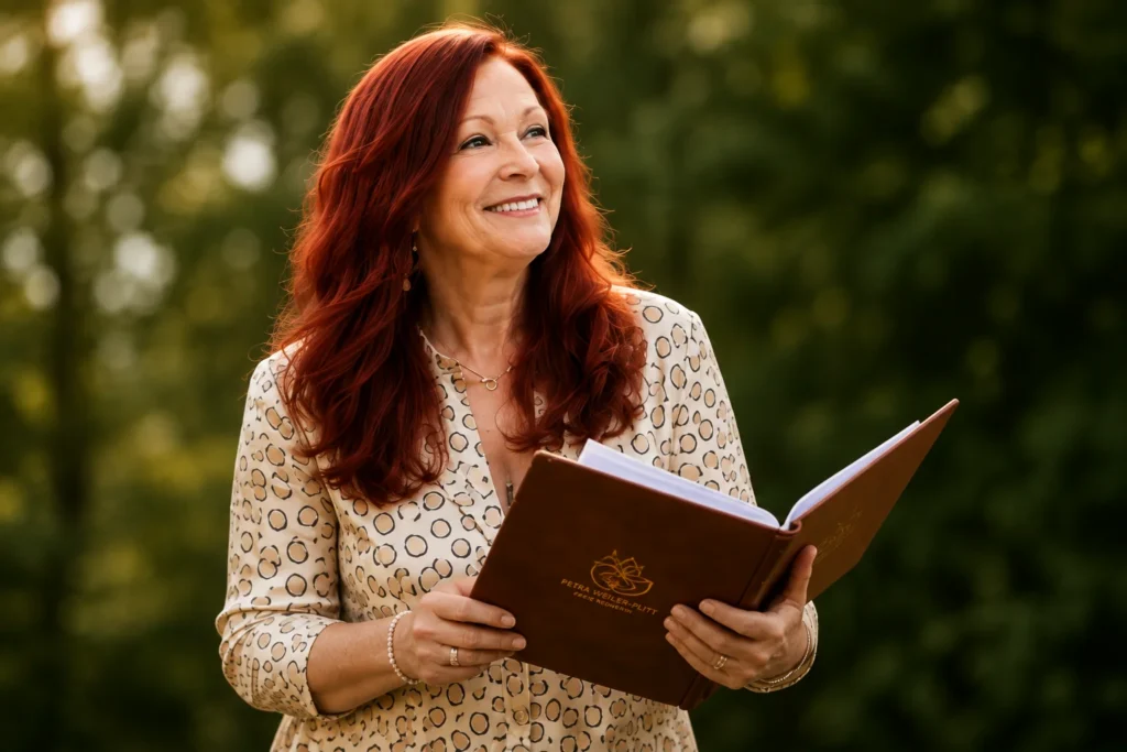 Petra steht vor einem Baum in der Sonne und hält eine Rede