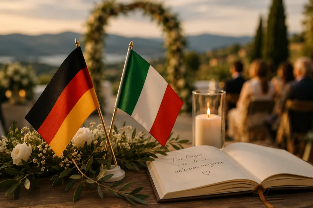 Ein Tischständer mit einer Deutschen und Italienischen Flagge, vor einer Toskana-Landschaft.