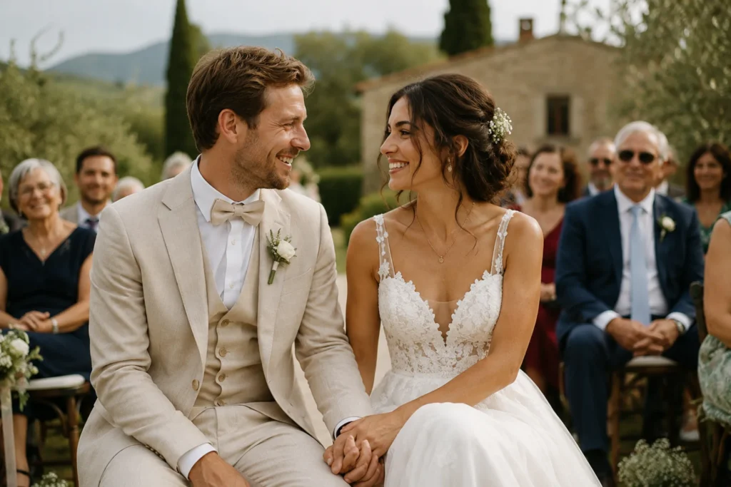 Ein Hochzeitspaar schaut sich verliebt an, im Hintergrund Gäste